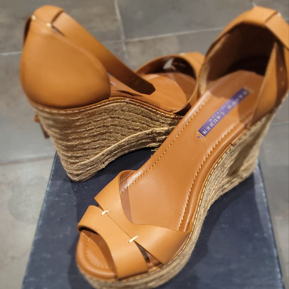 Ralph Lauren Firama RL Gold Wedge Sandal Size 9.5B Brown